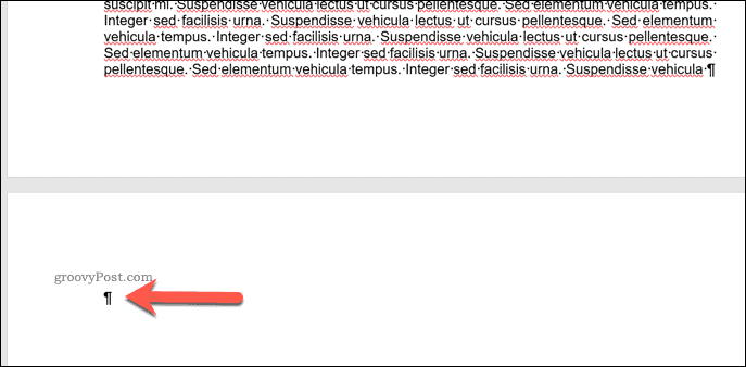 Značka odseku na prázdnej stránke programu Word