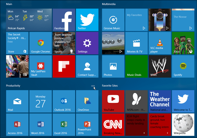 Skupiny dlaždíc systému Windows 10 otvárajú veľkú ponuku