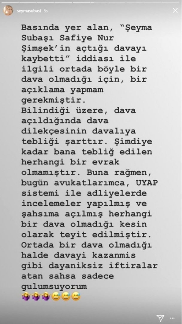 Odpoveď Şeymy Subaşıovej na nároky spoločnosti Safiye Nur Şimsek!