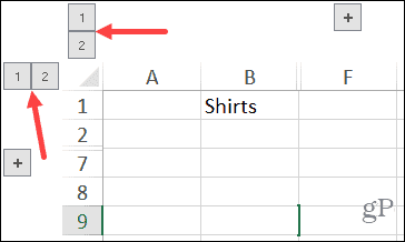 Zoskupené stĺpce a riadky s číselnými tlačidlami v programe Excel v systéme Windows