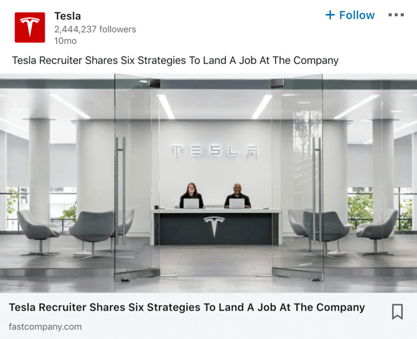 Príklad príspevku na stránku spoločnosti Tesla LinkedIn.