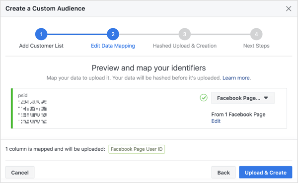 Keď importujete svoj zoznam predplatiteľov robotov Messenger a vytvoríte si vlastné publikum, Facebook namapuje ich identifikačné číslo používateľa na Facebooku, ktoré je spojené s ich profilom.