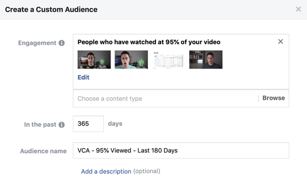 Možnosti nastavenia na vytvorenie vlastného publika na Facebooku ľudí, ktorí sledujú video na Facebooku alebo Instagrame.
