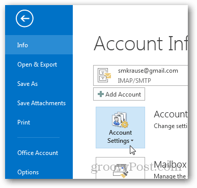 ako vytvoriť súbor pst pre aplikáciu Outlook 2013 - kliknite na nastavenia účtu