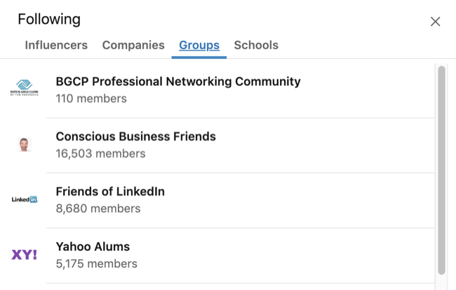 Profil LinkedIn rozšírený Záujmy s vybratou kartou Skupina