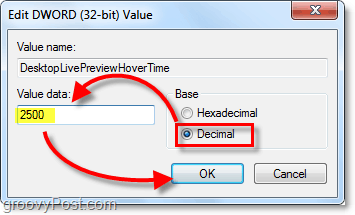 upraviť vlastnosti dwordu na desatinné a hodnoty údajov na 2500 pre Windows 7 DesktopLivePreviewHoverTime