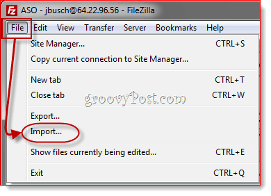 Importovanie položiek FileZilla Site Manager