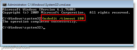 Snímka obrazovky systému Windows 7 - do cmd zadajte hodnotu bcdedit / timeout 180