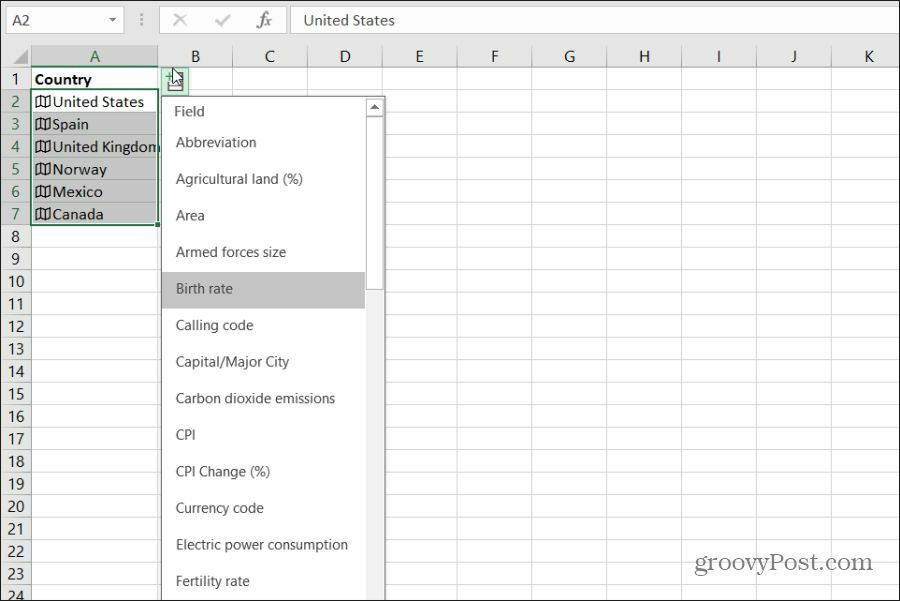 výber geografických údajov krajiny v Exceli