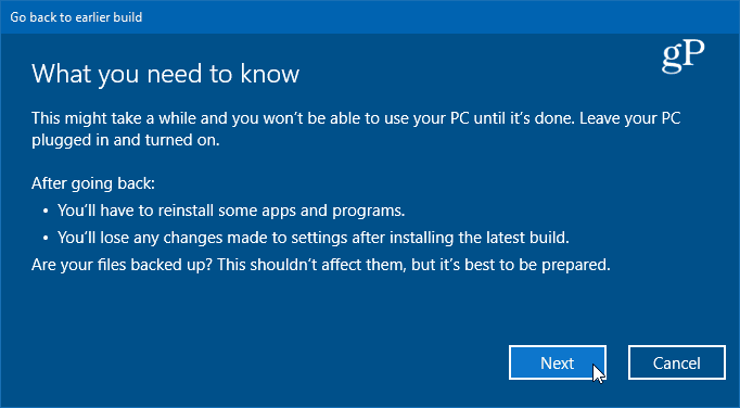 podrobnosti o návrate k predchádzajúcej verzii systému Windows 10