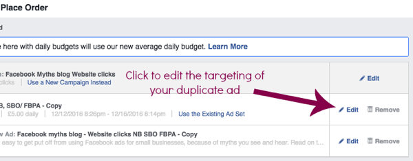 Upravte nastavenia duplikátu reklamnej sady na Facebooku.