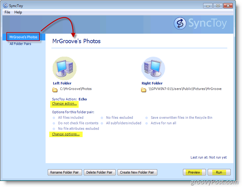 Screenshot hlavnej ponuky Microsoft SyncToy