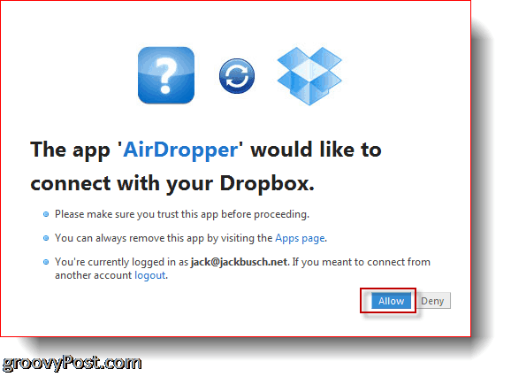 AirDropper Dropbox - pripojenie aplikácie k Dropboxu