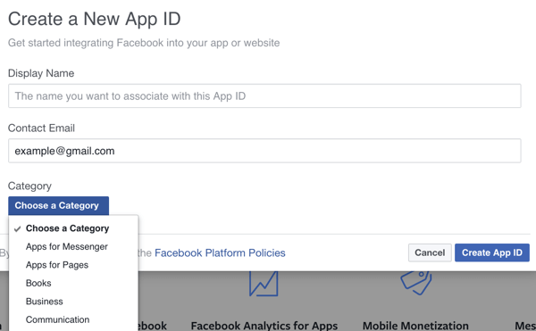 Vyplňte podrobnosti svojej novej aplikácie pre Facebook.