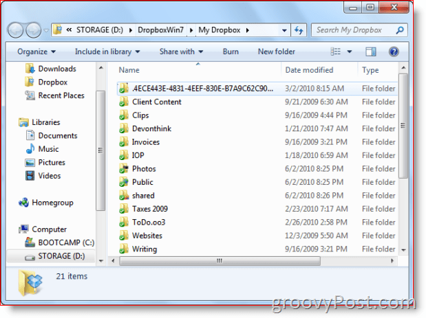 Priečinok Dropbox v systéme Windows 7 View
