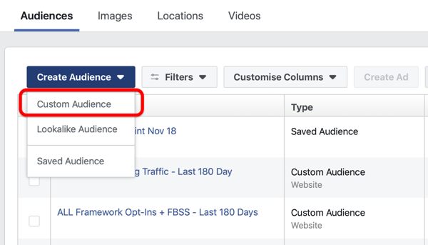 Možnosť vytvoriť Facebook Lookalike Audience v časti Create Audience in Facebook Ads Manager.
