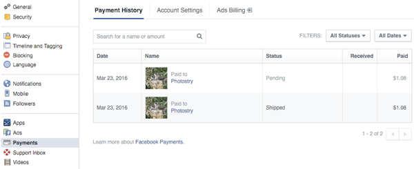 zákazníci si prezerajú objednávky v sekcii platieb v nastaveniach facebooku