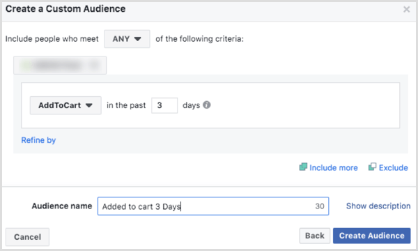 Vyberte možnosti na vytvorenie vlastného publika na Facebooku na základe udalosti AddToCart
