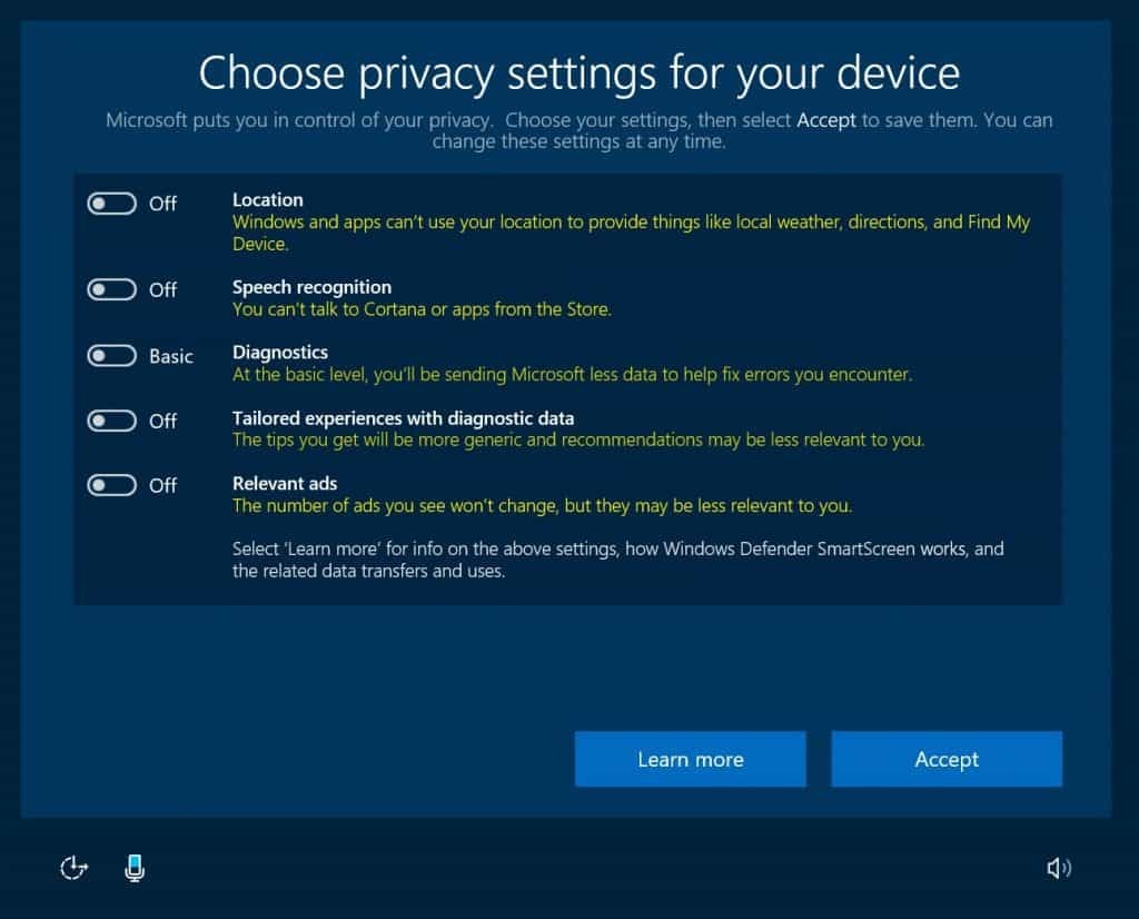Windows 10, Ochrana osobných údajov, Aktualizácia tvorcov, OOBE