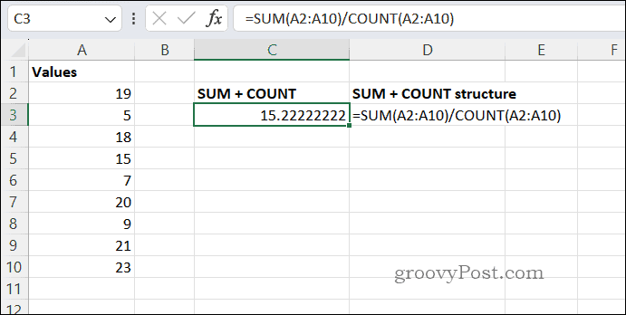 Priemerný výsledok v Exceli: SUMCOUNT