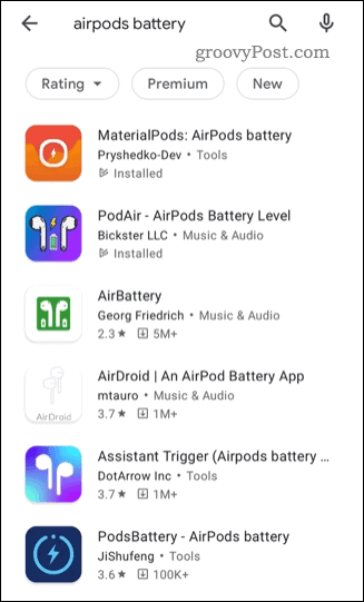 Zoznam stavových aplikácií AirPods tretích strán v obchode Google Play
