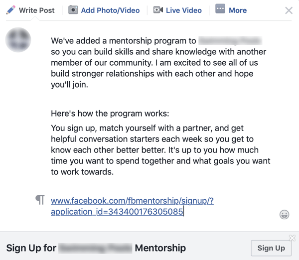 Ako vylepšiť svoju skupinovú komunitu na Facebooku, príklad skupinového oznámenia pre mentorský program na Facebooku