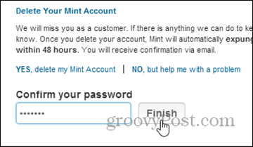 potvrďte vymazanie pomocou hesla - vymažte účet mint.com