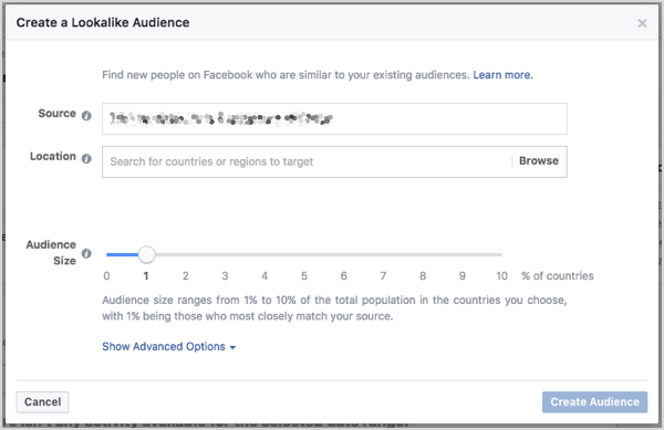 Nastavte veľkosť podobného publika na Facebooku. Veľkosť môžete ovládať pomocou posúvača, ktorý sa zobrazí pri vytváraní publika.