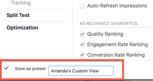 Ukladanie vlastného zobrazenia prehľadu v aplikácii Facebook Ads Manager.