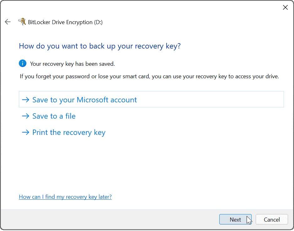 použite bitlocker na prechod na kľúč obnovenia systému Windows 11