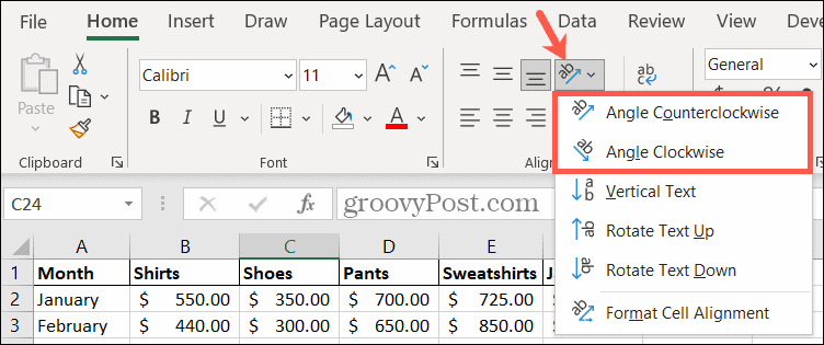 Ak chcete otočiť text, vyberte v programe Excel uhol orientácie