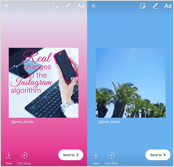 Zdieľaný príspevok vo vašom príbehu na Instagrame zobrazuje pôvodný príspevok ako štvorcový obrázok a pod ním je používateľské meno účtu.