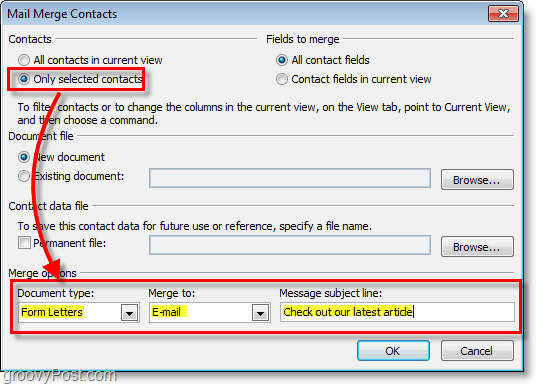 Snímka obrazovky programu Outlook 2010 – skontrolujte, či sú možnosti v kontaktoch hromadnej korešpondencie správne