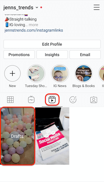 screenshot záložky kotúčov instagramu v profile, ktorý zobrazuje zástupný symbol pre koncepty kotúčov
