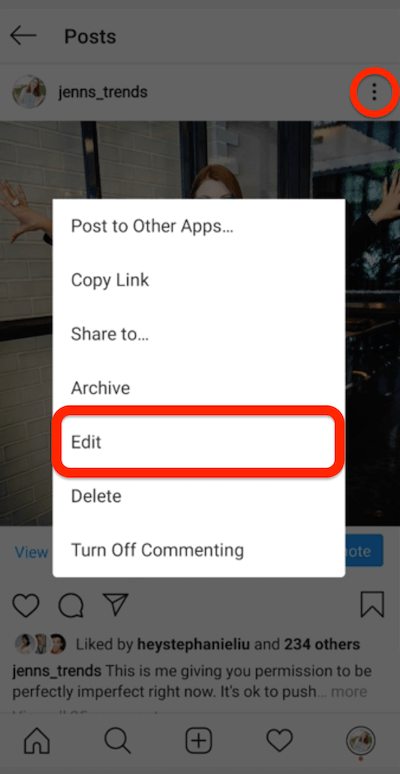ponuka troch bodiek pre príspevok na instagrame s možnosťou úpravy príspevku