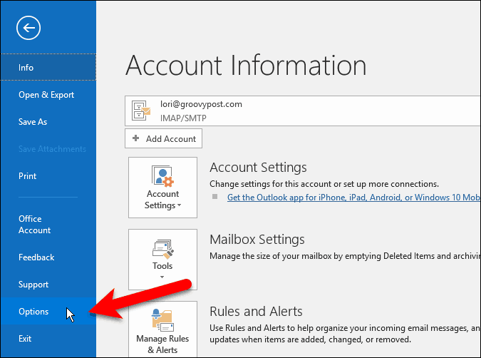 V aplikácii Outlook prejdite do ponuky Súbor> Možnosti