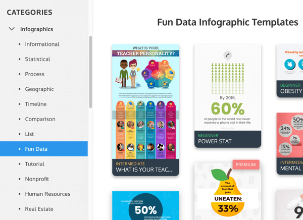 Príklady kategórií infografík Venngage v časti Zábavné údaje.
