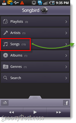Songbird pre snímku obrazovky s prehľadom Android