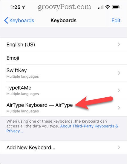 V zozname Klávesnice iPhone klepnite na AirType Keyboard