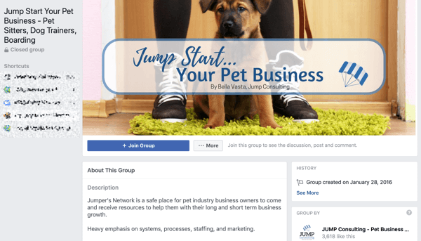 Ako používať funkcie Skupiny Facebook, príklad skupiny pre Jump Start Your Pet Business