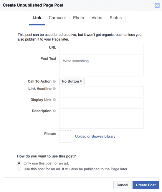 Ak chcete vytvoriť tmavé príspevky na Facebooku ako reklamy, môžete použiť Power Editor a vybrať pre reklamu iba Použiť tento príspevok.
