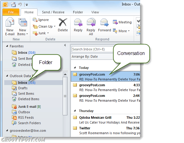 konverzácie a priečinky programu Outlook 2010