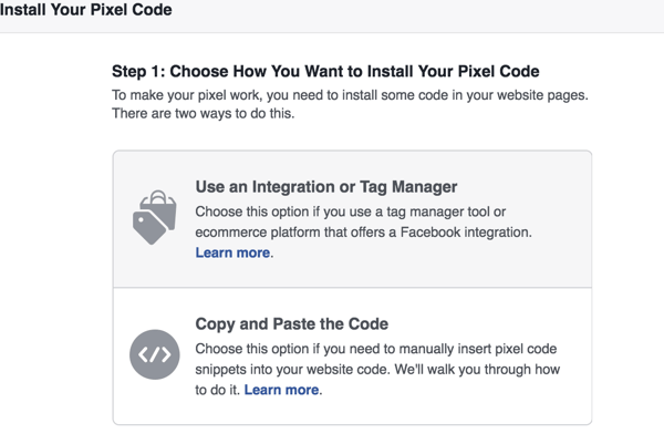 Vyberte, ktorý spôsob chcete použiť na inštaláciu pixelu na Facebooku.