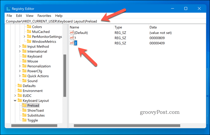 Odstráňte rozloženie klávesnice pomocou regedit v systéme Windows 11
