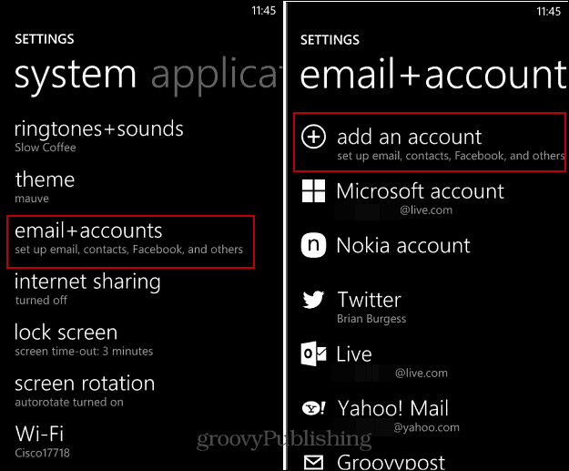 Ako nastaviť e-mailové a sociálne účty v systéme Windows Phone