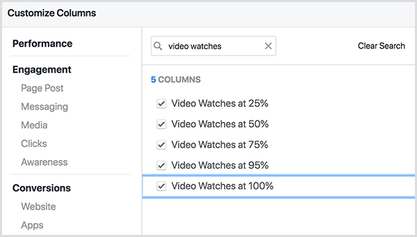 Obrazovka Prispôsobiť stĺpce správcu reklám na Facebooku má v hornej časti vyhľadávacie pole. Do vyhľadávacieho poľa sa zadá hľadaný výraz Video Watches a výsledkami sú Video Watches s 25 percentami, Video Watches s 50 percentami a podobne, vrátane 75 percent, 95 percent a 100 percent.