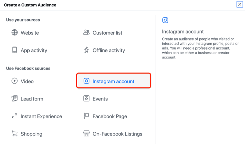 správca reklám na facebooku vytvorí vlastnú ponuku publika so zvýraznenou možnosťou účtu instagram