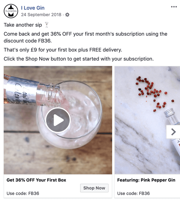 Ako vytvoriť reklamy s dosahom na Facebooku, krok 8, príklad reklamnej kreatívy od spoločnosti I Love Gin