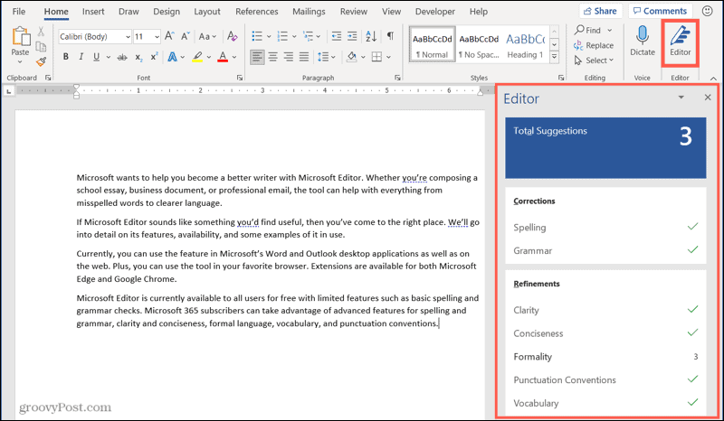 Microsoft Editor vo Worde pre Windows