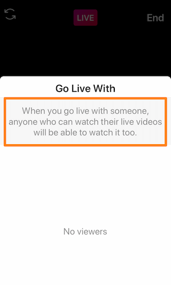 snímka obrazovky služby Instagram Live, ktorá zobrazuje správu: Keď budete s niekým žiť, bude si ho môcť pozrieť aj ktokoľvek, kto môže sledovať jeho živé videá.